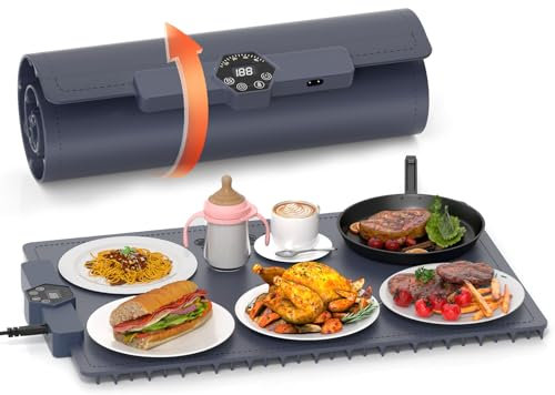 INNOWARMER Chauffe Plat Électrique, Plaque Chauffante Électrique Silicone Pliable Flexible, Plaque Chauffante avec 5 Température Réglable et Minuteur, Chauffe Plat pour Buffet Fête Familiale (Noir)