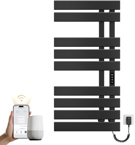 EMKE Handtuchheizkörper Elektrisch 100 x 50 cm, Elektrischer Badheizkörper Handtuchhalter, WiFi Intelligenter Handtuchwärmer Elektrisch für Alexa und Google Home und APP Schwarz Right 320W