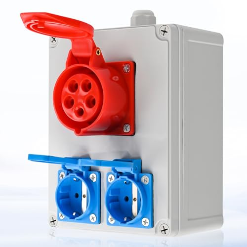 Warmfay Boîtier de distribution murale de courant électrique Pré-câblé, 2x 16A 230V prises Schuko + 1x CEE 16A 380V, boîtier étanche IP67 pour intérieur et extérieur
