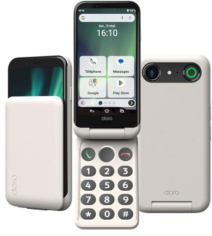 Doro - Smartphone à Clapet Aurora A20 - Téléphone Portable Senior - Facile à Utiliser - Touche d'Assistance avec Localisation GPS - Compatible Appareils Auditifs - Câble USB Inclus - Blanc