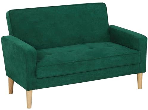 HOMCOM 2 Seater Sofa, Modern Velvet-Feel Sofa with Rubber Wood Legs, Upholstered Tufted Loveseat for Small Space, Living Room, Bedroom, Home Office, Green
