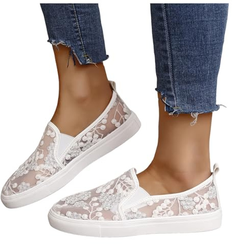Hsternexy Chaussures plates pour femme - Dentelle Dirndl - Baskets en maille respirante - Chaussures d'été blanches - Chaussures de mariage - Chaussures de tennis - Chaussures de sport