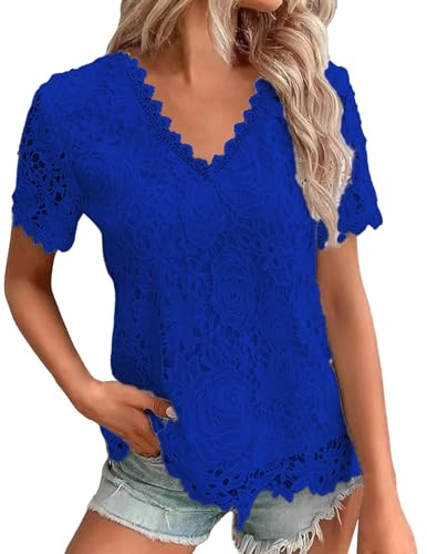2025 T-Shirts à Manches Courtes Femme Sexy- Haut Dentelle Col Rond Crochet Double Épaisseur Ample Couleur Unie Top Décontracté Tendance Été Élégants Chemise Slim Banquet Blouse Chic Tunique