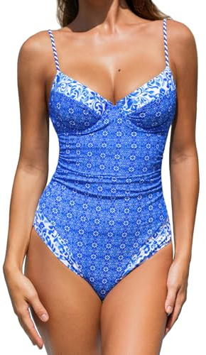 CUPSHE Women's One Piece Swimsuit V Neck Color Block Underwire Push Up Ruching Tummy Control Back Cutout Retro Textured, L