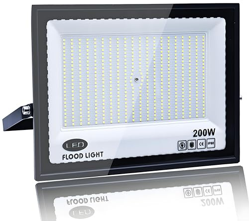 Tkdaksy Focos LED Exterior 200W, 2M Cable Blanco Frío 6500K Proyector LED Exterior, Resistente al Agua IP66 Foco Proyector LED, 20000LM para Terrazas, Patios, Balcones, Parques, Garajes, Fábricas