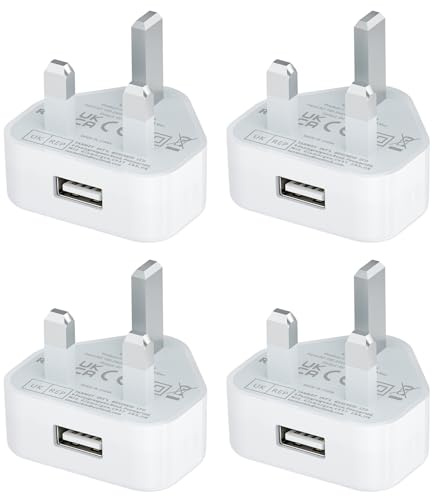 USB Plug, USB Charger Plugs Adaptor UK 5W Phone Plugs 3 PIN USB Single Port Socket Mains Charge Head with 5V 1AMP Charging for iPhone Apple 14 13 12 11 SE XS XR X 8 7 6 5, iPad, 4Pack Android Plug