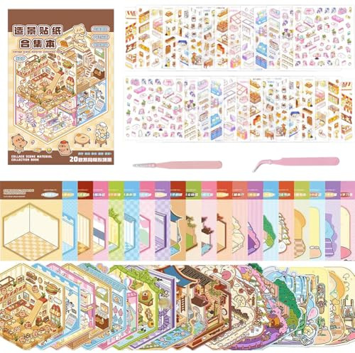 Pegatinas 3D con Escenas, 20 Sets Libro de Pegatinas 3D para Casa DIY, Pegatinas de Bricolaje para Aliviar el Estrés, House Stickers Creativos con Pegatinas PET para Decoración del Hogar