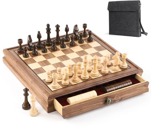 Juego magnético de ajedrez y damas, en madera de nogal, con cajón, set de juegos de mesa 2 en 1, grandes figuras de madera, tablero de ajedrez plegable para viajes, para niños de 14 años en adelante