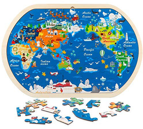 Jacootoys 31-teilige Holzpuzzles Weltkarte Puzzle Pädagogisches Montessori Holzspielzeug für Kinder ab 3 4 5 6+ Jahren Junge Mädchen