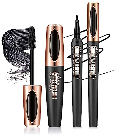 MKNZOME Mascara et Eyeliner Waterproof Noir, Fibre de Soie 4D Longue Durée pour Yeux, Maquillage Femme pour Cosplay, Halloween, Noël et Fêtes