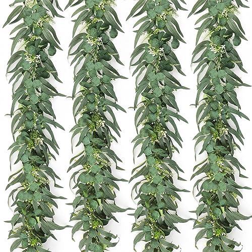UXORSN 4Pcs Artificial Eucalyptus Garland with Willow Leaves Fake Hanging Greenery Vines Faux Fern Foliage Ivy Spring Decoration Table Runner Garland Fake Hanging Plant for Wedding Party Home Decor