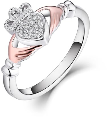 Old English Jewellers 925 Sterling Silver & Rose Gold CZ Claddagh Irish Celtic Ring size J K L M N O P Q R S - Love Loyalty & Friendship (K)