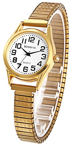 JewelryWe Reloj Correa Elástica Mujer: Relojes Oro de Cuarzo Analógico Redondo para Señora Correa Extensible de Acero Inoxidable Esfera Numérica Grande - para Ocio Negocios Regalos