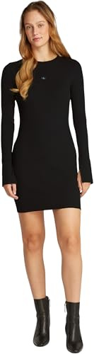 Calvin Klein Women’s Woven Label Short Ribbed Dress with Long Sleeves, Black (Ck Black), L