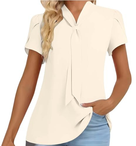 Generisch Chaleco de manga corta para mujer, color liso, informal, cuello de corbata, volantes, manga corta, cintura, blusa de gasa, blusa de verano para mujer, manga corta, beige, XXL