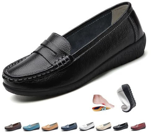 Women Orthopedic Loafers in Breathable Leather, Wide Fit Leather Loafers Classic Moccasins Casual Slip-on Office Shoes (Black,5)