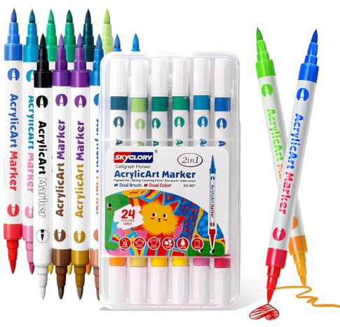 SKYGLORY 24 Colours Dual Colour Brush Tip Acrylic Marker Set, Beginner-Friendly Brush Marker Pen for Painting & Crafting (12)