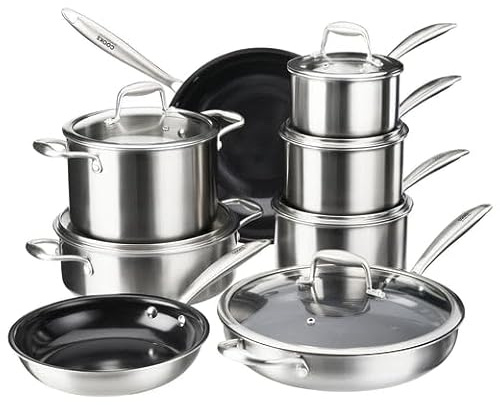 Cooks Professional 8 Piece Tri-Ply Cookware Set | 3 x Saucepans, 2 x Frying Pans, Wok with Lid, Saute Pan & Stockpot | Compatible with All Hobs Inc Induction & Oven Safe