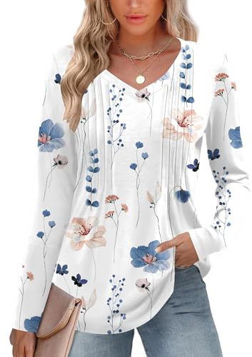 EFFAN Womens Tops V Neck Long Sleeve Blouse Pleated Tunic Floral Shirts
