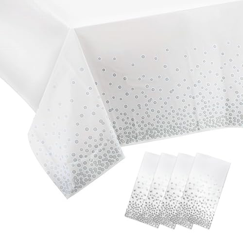 4 Stück Einweg Tischdecke, 137 x 274 cm Silber Dot Tischdecke Geburtstag Kunststoff Wasserabweisend Tischdecke Rechteckig Tischtuch für Party, Geburtstag, Hochzeit, Weihnachten