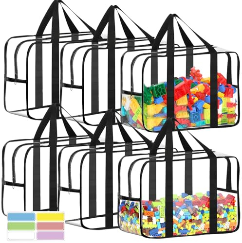 6 Packs XXL Toy Storage Bags 16.5×11.8×6.8In with Labels, Large Capacity Reusable Clear PVC Board Game Storage, Travel Waterproof Organizer Bags with Zipper