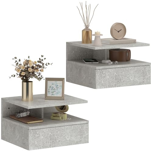 HOMCOM Set da 2 Comodini Sospesi per Camera da Letto, 2 Comodini per Camera da Letto Soggiorno, Salvaspazio Design, con Cassetto e Mensola Superiore in Legno, 35x32x22.5cm, Grigio