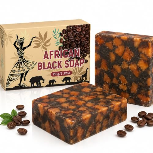 2PCS Raw African Black Soap, African Black Soap Bar with Shea Butter | Soap Bar for Deep Pore Clarifying, Body Soap Bar & Face Soap for Refreshing Cleansing & Uneven Complexion Control, all Skin