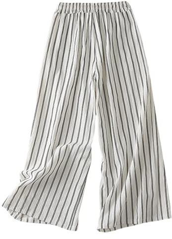 Cocila Pantalon Large Fluide pour Femmes À Rayures Rétro en Coton Et Lin Femme Court Ample Décontracté Jambe Droite Élastique Femme Le Ete Sport Jogging Élégante Taille Haute Sarouel Soie Été