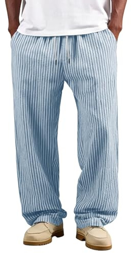 Munweiyu Pantalones de lino a rayas para hombre, pantalones de playa, holgados, pantalones de verano, pantalones de lino, pantalones de algodón y lino, pantalones largos de color liso, pantalones de