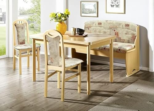 HOWE-Deko Bankgruppe, Buche Natur Dekor BZW. Buche massiv naturfarbig; Bank mit Truhe, 2 Stühle und Vierfußtisch; Bezug: Mikrofaser sandfarbig gemuster