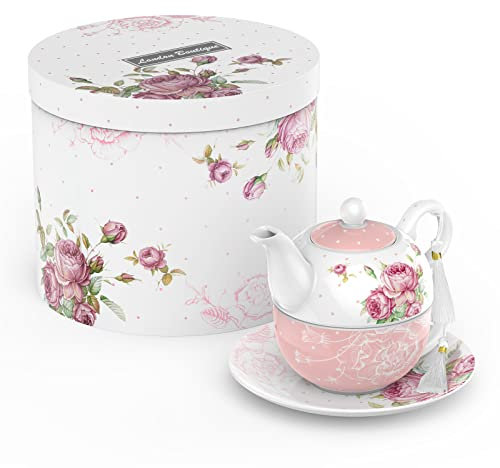 London Boutique Tea for One Teapot Teacup Saucer Set Afternoon Tea Set for 1 New Bone China Vintage Flora Gift for Women 350ml (Pink)