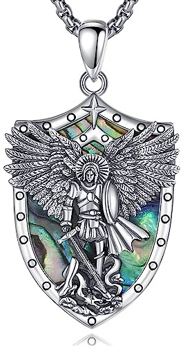 AEONSLOVE Collar Plata de Ley 925 para Hombre y Mujer Medalla San Miguel Arcángel Concha de Abulón Colgante Católico Joyas Amuleto de Protección Regalo Religioso