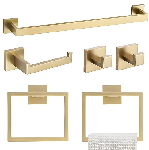 TQKAG, Set di 6 accessori da bagno in acciaio inox oro spazzolato, con barra portasciugamani (60 cm), anello portasciugamani, gancio portasciugamani e portarotolo, con accessori per montaggio a parete