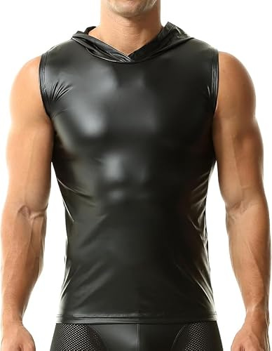 QiaTi Camiseta interior de piel sintética para hombre, diseño ajustado, aspecto mojado, sin mangas, con capucha, para hombre, 2#camisa-negro, M