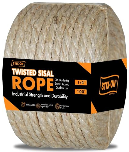 STIX-ON Twisted Sisal Rope – 100' X 1/4 Sisal Twine – Multipurpose Rope for Cat Scratcher, DIY Projects, Gardening, Arts & Crafts – Industrial Strength Natural Sisal String Rope (1/4 Inch X 100 Feet)