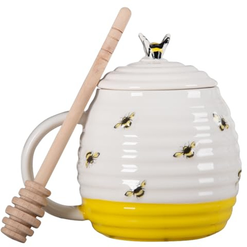 Mageeki Bee Honey Pot and Drizzler, Ceramic Honey Jar with Dipper - Porcelain Honey Storage Jar in Bee Hive Design with Lid for Home and Kitchen Use