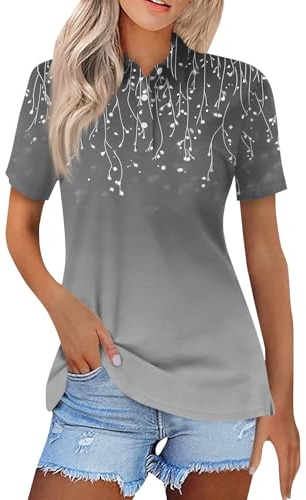 DIYIOUZHOU Polo Shirts for Women UK Casual Golf Button Short Sleeve Floral Print Lapel Top Cozy Lady Golf Tops