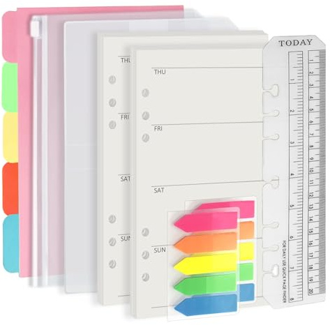 Harphia Juego de relleno de 6 agujeros A5, 90 hojas de papel con pegatinas y separadores, hojas de planificación con bolsillos para cuaderno recargable A5 - Semana
