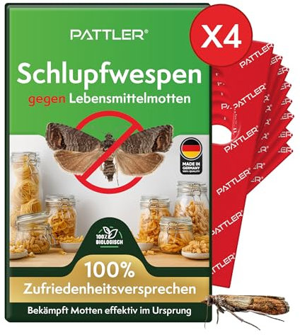 PATTLER® Guêpes Anti Mite Alimentaires - Lutte Efficace Contre Les Mites. Alternative Aux Pièges, Sprays et Pièges à Phéromones - 4 Cartes à Déployer avec 4 Livraison