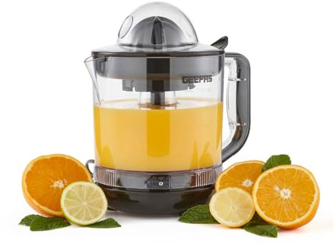 GEEPAS 25W Electric Citrus Juicer | Lemon Squeezer for Orange Lime Grapefruit | 1L Capacity Copper Motor with Bi-Direction Twist & Auto Start, BPA-Free Fresh Healthy Juice Daily | 2 Yr Warranty Black