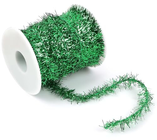 CCINEE Christmas Tinsel Garland, 65.6 FT Green Thin Glitter Metallic Foil Tinsel Ribbon Christmas Mini Garland for Xmas Tree Party Wedding Decorations Craft Supplies