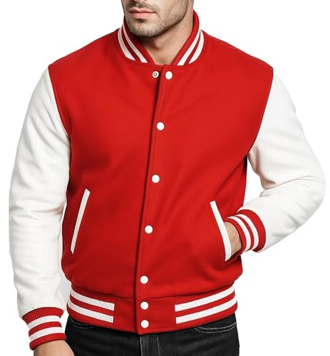 e Genius Blousons Letterman en cuir pour homme - Veste de baseball universitaire Bomber en laine pour lycée, rouge/blanc, 3XL