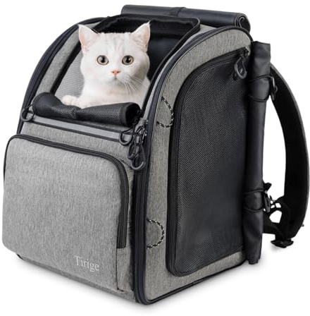 Tirige Premium Dog & Cat Carrier Backpack for Travel, Hiking & Vet Visits - Solid Durable Pet Backpack with Breathable Mesh, Safety Strap, Anti-Anxiety Curtain & Storage Pockets, Gray
