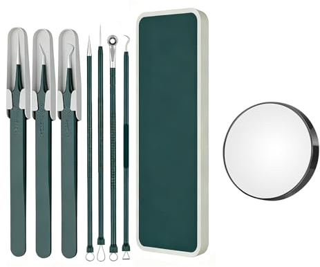 Blackhead Remover Set, 7-Piece Pimple Squeezing Tool, Blackhead Tweezers, Comedone Squeezer, Dark Green