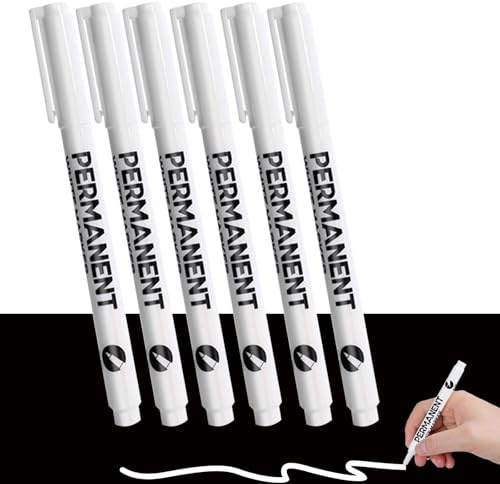 Caimoree 6PCS Feutre Blanc Pointe Fine 1,0 MM, Marqueur Blanc Indelebile, Imperméable et SéChage Rapide, Encre Indélébile sur Bois, Pierre, Plastique, Cuir, Verre, MéTal, Toile, Céramique