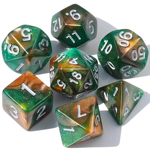 Dzxin Dados de rol, 7 PCS Dados DND para Juegos de Mesa de rol, Dungeons and Dragons (Verde+Naranja)