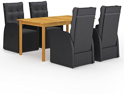 JHQHSM 5 pezzi Gruppo da giardino nero in legno di acacia con sedie in rattan PE e cuscini imbottiti per comfort e relax all'aperto, durevole