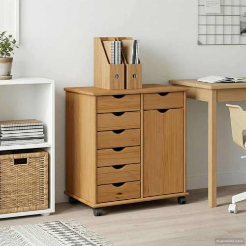Ziaphsol Rullskåp, honungsbrun, 63,5 x 39 x 65,5 cm, furu i massivt trä med 7 lådor och 9 förvaringsfack för flexibel förvaring i vardagsrum, sovrum, kontor eller hall