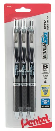 Pentel EnerGel RTX Retractable Liquid Gel Pen, (1.0mm), Bold Line, Metal Tip, Black Ink, Pack of 3 (BL80BP3A)