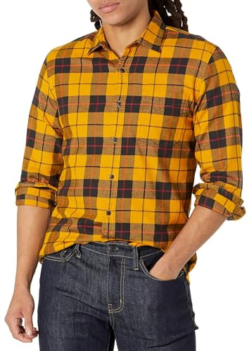 Amazon Essentials Men's Slim-Fit Long-Sleeved Button-Down Plaid Flannel Shirt, Black Yellow Plaid, XS